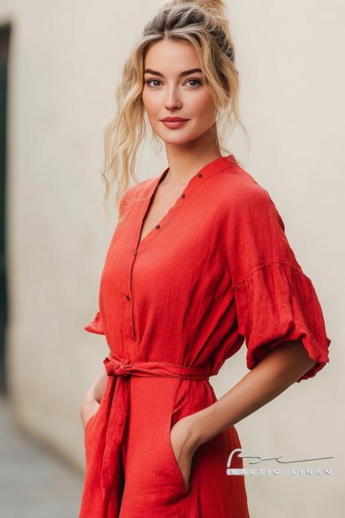 Red linen dress glowing in Granada's golden hour for summer style.